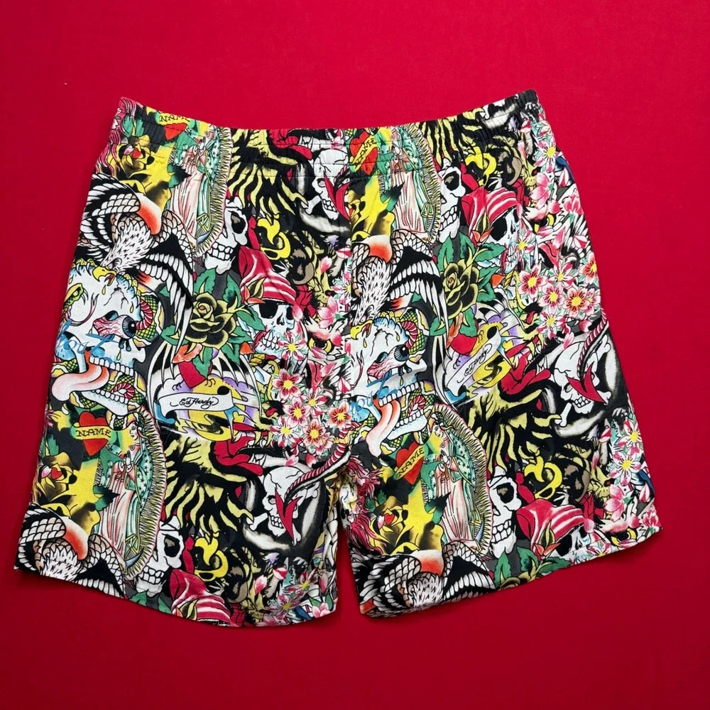 Ed Hardy Mens Tattoo Print Shorts Multi Color Skull Panther Graphic New Large